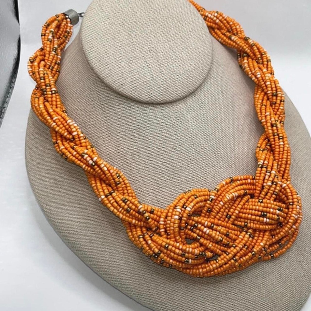 Multi strand glass bead necklace orange intertwined white metallic gold accents